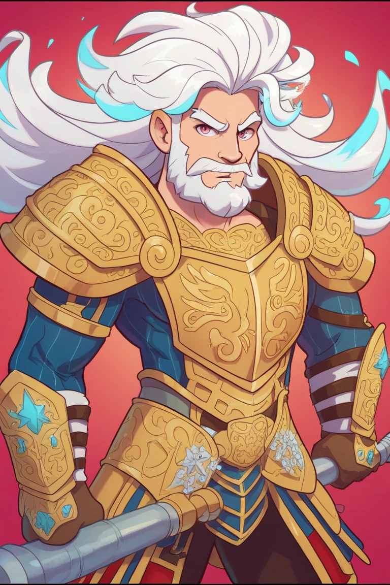 /imagine prompt: A heroic dwarf warrior, with a strong build a litte bit fat and old with white long beard and mustache, a flowing white beard, and golden armor, raising a hammer triumphantly. The character is depicted in a bold, comic-book style, with sharp outlines and vibrant colors, set against a fiery red background with geometric patterns. The lighting emphasizes the character's power, with glowing highlights on the armor and dramatic shadows. Created using techniques inspired by modern digital painting, emphasizing dynamic poses, crisp linework, and a stylized aesthetic.
