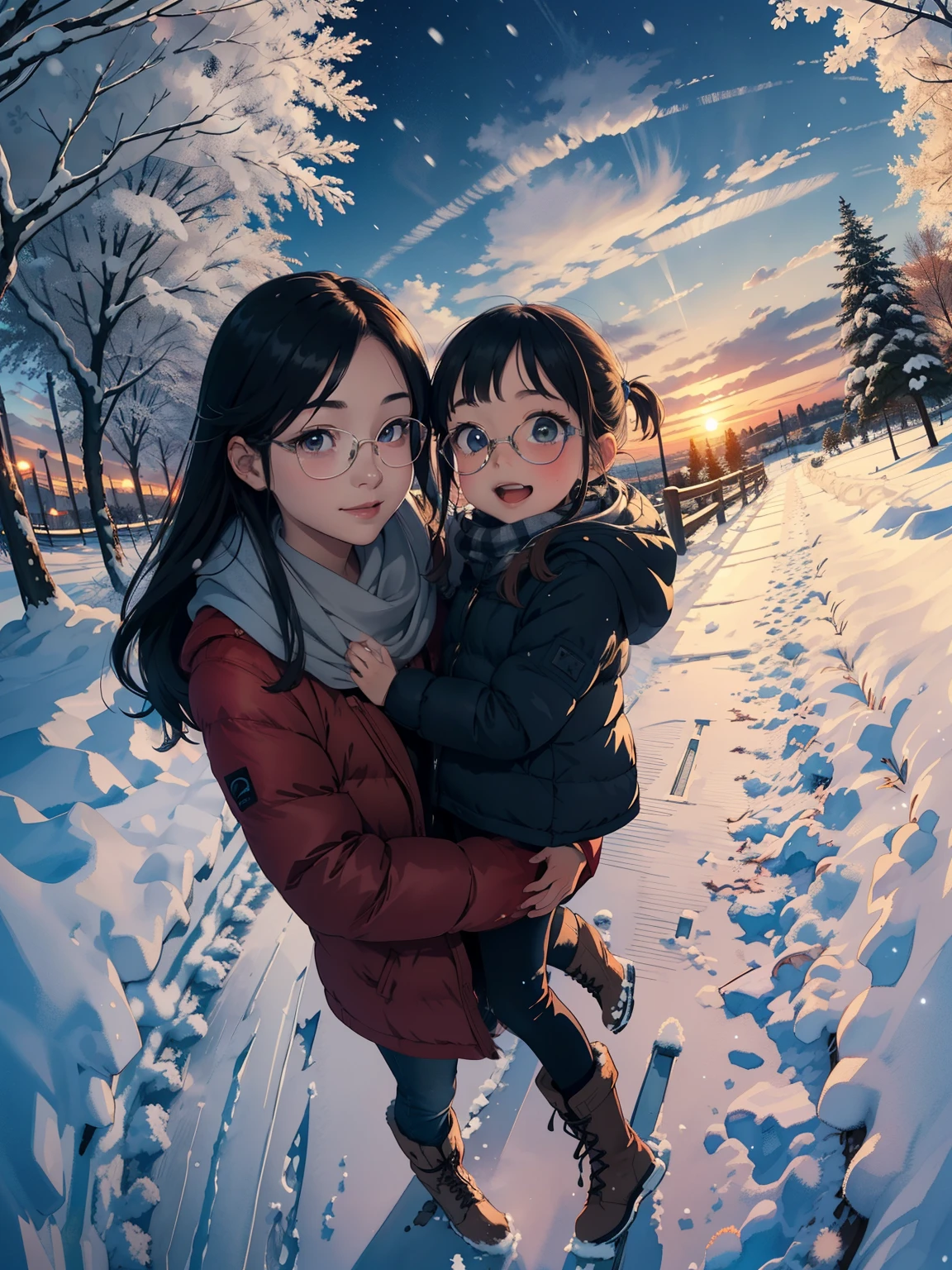 masterpiece，top quality， high image quality ，( super flat ， flat shading  )，Glasses，beautiful dark hair， fisheye lens， is a cute petite sow, a trained young mother and her lovely  daughter:1.2， warm scarf ， Down Jacket，(naked)， long hair， boots，smile, smile， White Breath，fun, play，Overlooking the winter city from the park's garden ， Autumn leaves，Snow Scene，Snowfall，Winter Sky，At dusk，Beautiful sunset，Wide angle， bright color，watercolor,    Ghibli style，Strong winds，Girl Temptation，   girl &#39;Lure，puppy，