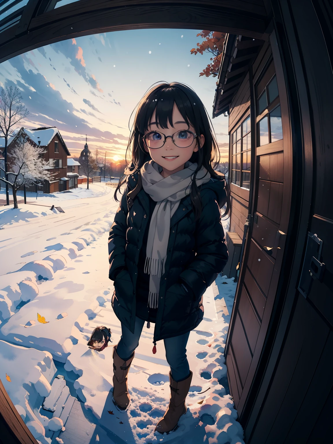 masterpiece，top quality， high image quality ，( super flat ， flat shading  )，Glasses，beautiful dark hair， fisheye lens， is a cute petite sow, a trained young mother and her lovely ****** daughter:1.2， warm scarf ， Down Jacket，(naked)， long hair， boots，smile, smile， White Breath，fun, play，Overlooking the winter city from the park's garden ， Autumn leaves，Snow Scene，Snowfall，Winter Sky，At dusk，Beautiful sunset，Wide angle， bright color，watercolor,    Ghibli style，Strong winds，Girl Temptation，   girl &#39;Lure，puppy，