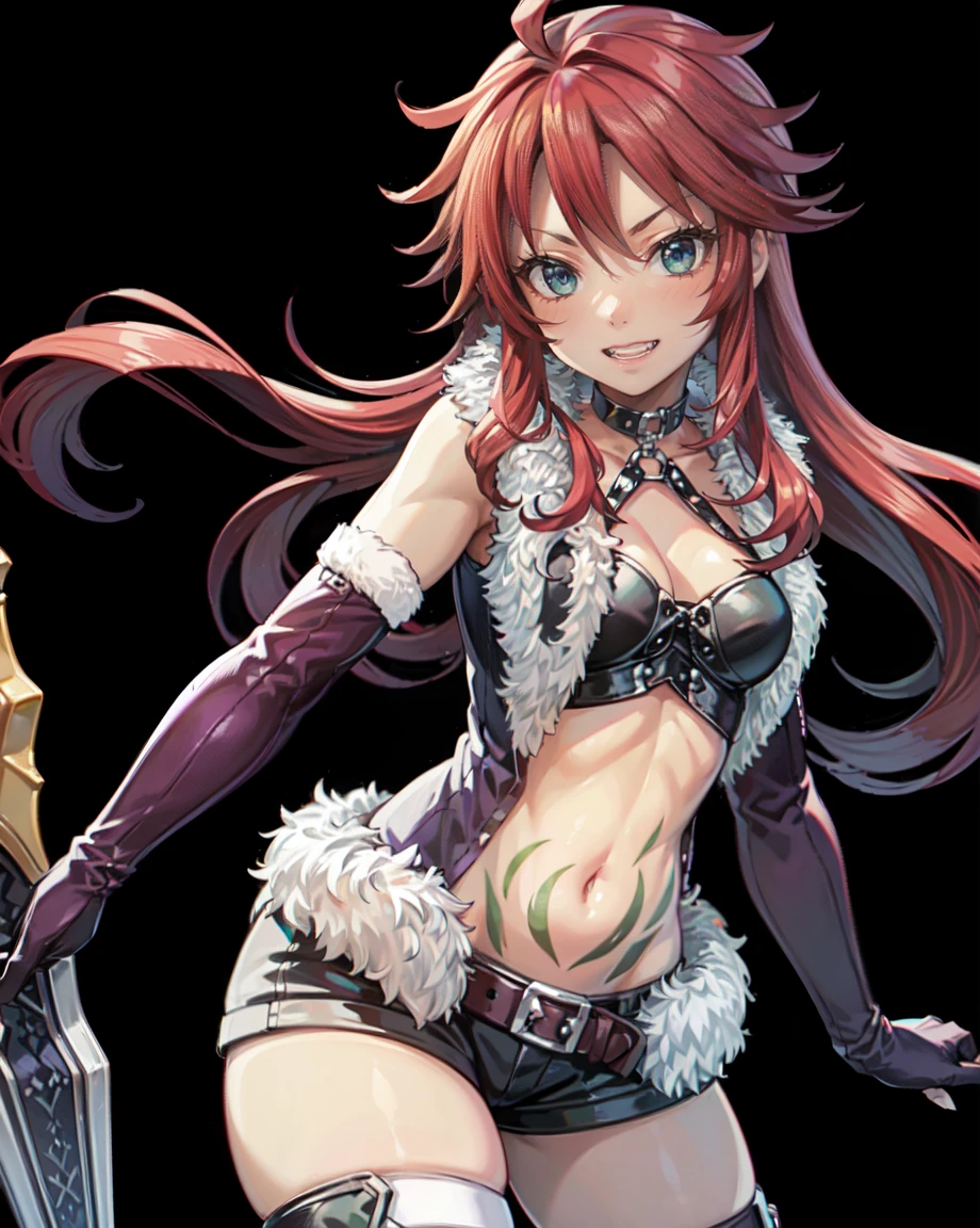 masterpiece, Highest quality, alone, One person,Fine hand, Detailed lighting, High resolution, mature female, adult woman, adult face, fearless face, tall, Grin, Aqua Eye, Shirley Orlando, Redhead, Ahoge, Long Hair, Medium chest, Green tattoo, choker, Fur coat, Fur trim, O-ring, Leather tops, purple elbow gloves, Cleavage, Stomach, belly button, gloves, Black shorts, belt, Thigh-high boots, messy hair,

