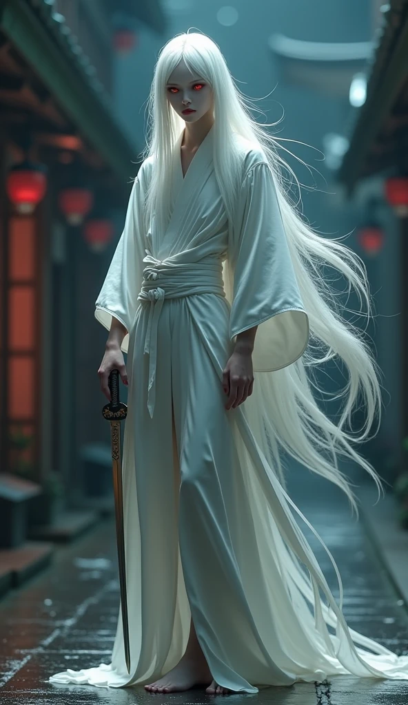 Yaksha、Whole body expression、male、24 years old、 Japanese、Beautiful skinny boy 、 listless expression、White long hair、 white skin、 red eyes、 thin macho、 wearing a white kimono 、 equipped with a white arm guard on his upper arm、 holding a Japanese sword 、 opening her legs and lowering her hips 、The background is a night city、