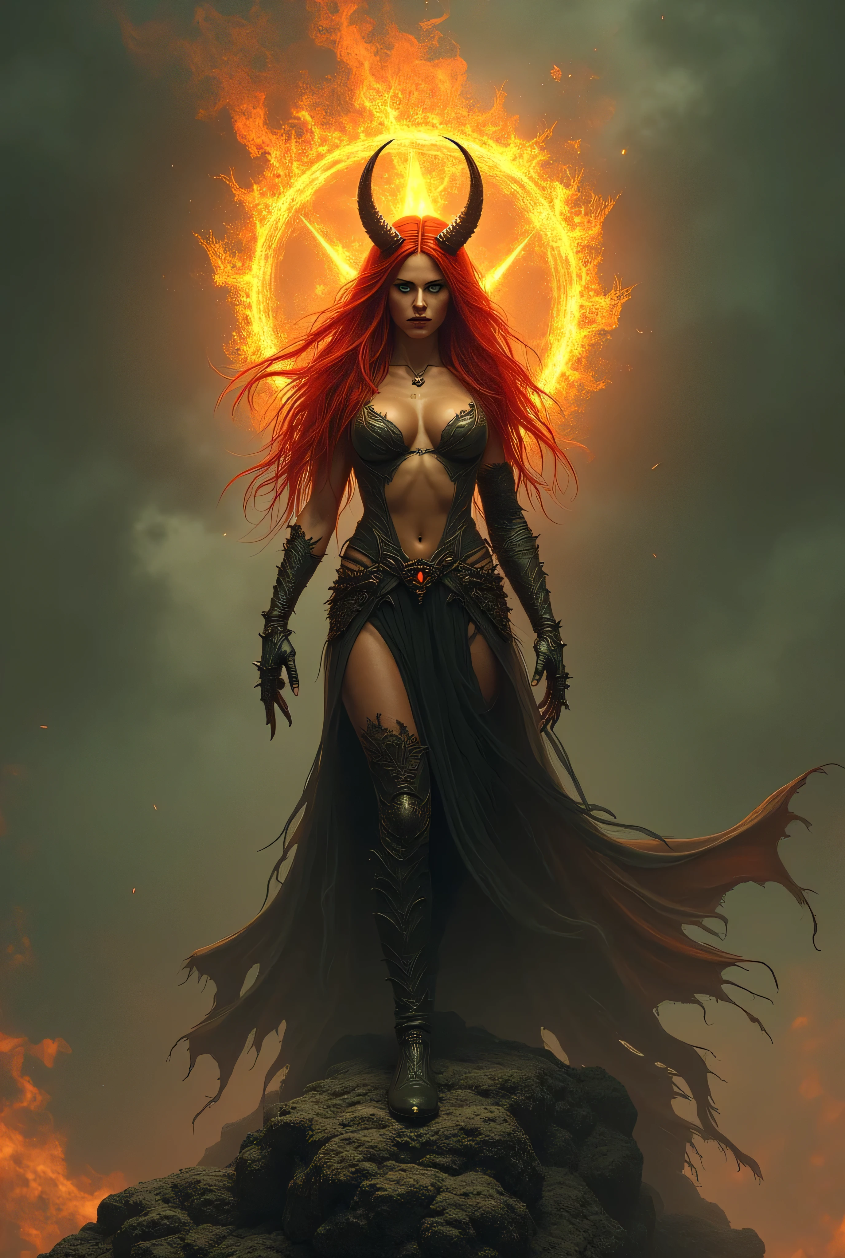 full profile view of a very beautiful woman, ssexy and luscious, demonic queen of the underworld, with fiery skin with many glowing tattoos and glowing jewelry, long glowing red hair, ember red eyes, completely naked, is sitting languidly in the midst of hell, she watches the lava gush from an enormous volcano, backlight, torrid heat, smoke, flame, ray of light and fire, numerous details, high resolution, digital art