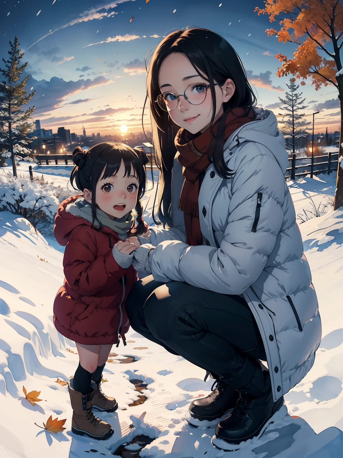 masterpiece，top quality， high image quality ，( super flat ， flat shading  )，Glasses，beautiful dark hair， fisheye lens， is a cute petite sow, a trained young mother and her lovely  daughter:1.2， warm scarf ， Down Jacket，(naked)， long hair， boots，smile, smile， White Breath，fun, play，Overlooking the winter city from the park's garden ， Autumn leaves，Snow Scene，Snowfall，Winter Sky，At dusk，Beautiful sunset，Wide angle， bright color，watercolor,    Ghibli style，Strong winds，Girl Temptation，  squat，Urine stains， girl &#39;Lure，puppy，