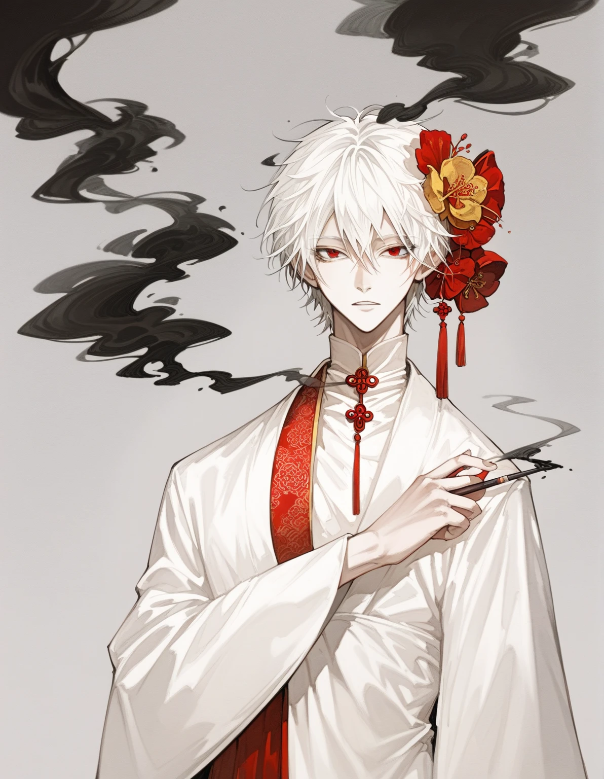 1 man,  alone,  whole body,  with red and black smoke background,  dark drawing style ,
 Anime Boy , (Chinese white silk robe dress ), Pale skin, Albino person, Long white hair,conjunctivitis,
