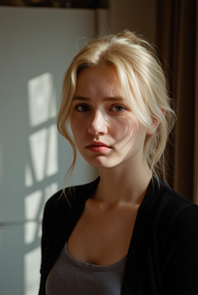 Photo shoot. canon EOS 5D Mark III, 1/160s, f/8, ISO 100. a young Swedish woman with a striking face with blonde hair and tiny freckles, looks into the camera with a sharp look. She has a worried face with a touch of anger (1/2). Natural diffused light enters the room through the curtains so that you can see dust particles in the air. Neutral and warm colors. Masterful photography with dynamic shadows. high dynamic range, (center composition, symmetrical composition:0.1), (((Cinematic Photography by Chloe Dewe Mathews and Lennette Newell:1.2),award-winning photography, aesthetics and beauty,