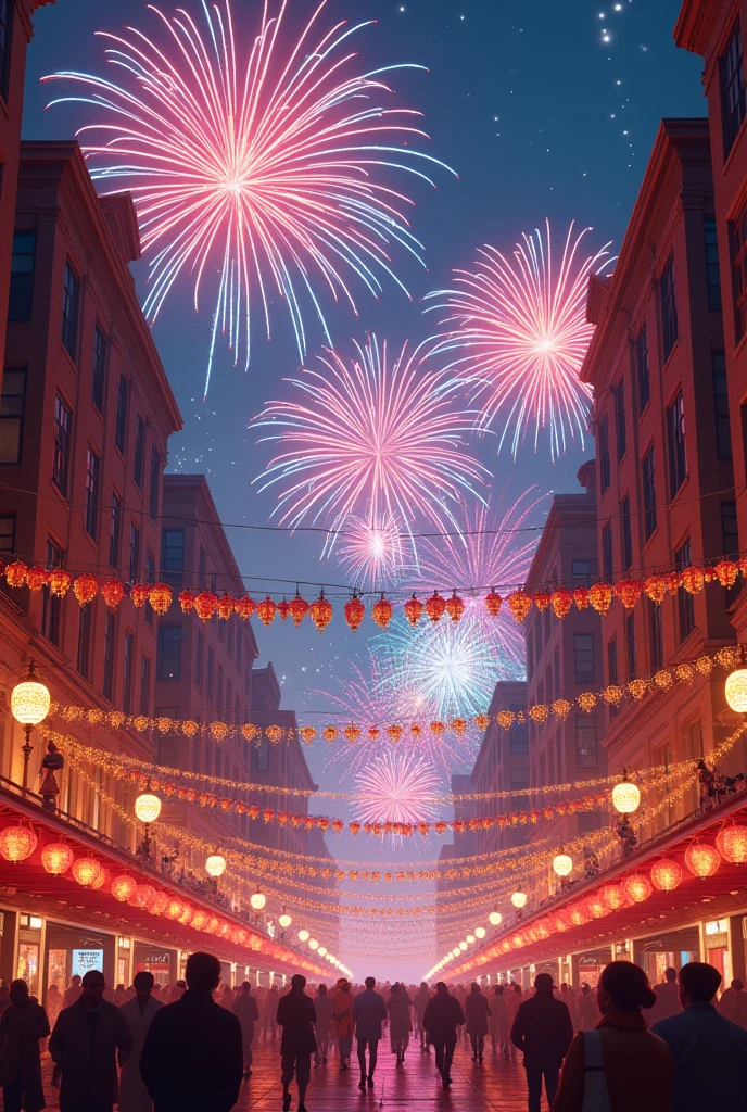 new year street decoration fireworks without people colorful