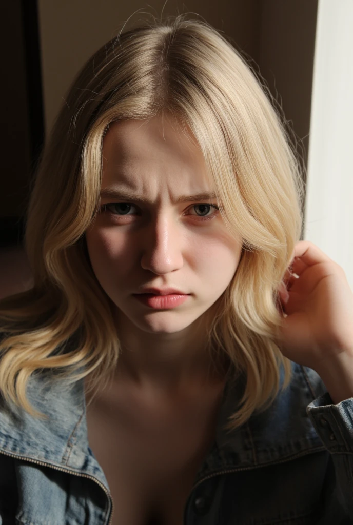 Photo shoot. canon EOS 5D Mark III, 1/160s, f/8, ISO 100. a young Swedish woman with a striking face with blonde hair and tiny freckles, looks into the camera with a sharp look. She has a worried face with a touch of anger (1/2). Natural diffused light enters the room through the curtains so that you can see dust particles in the air. Neutral and warm colors. Masterful photography with dynamic shadows. high dynamic range, (center composition, symmetrical composition:0.1), (((Cinematic Photography by Chloe Dewe Mathews and Lennette Newell:1.2),award-winning photography, aesthetics and beauty,