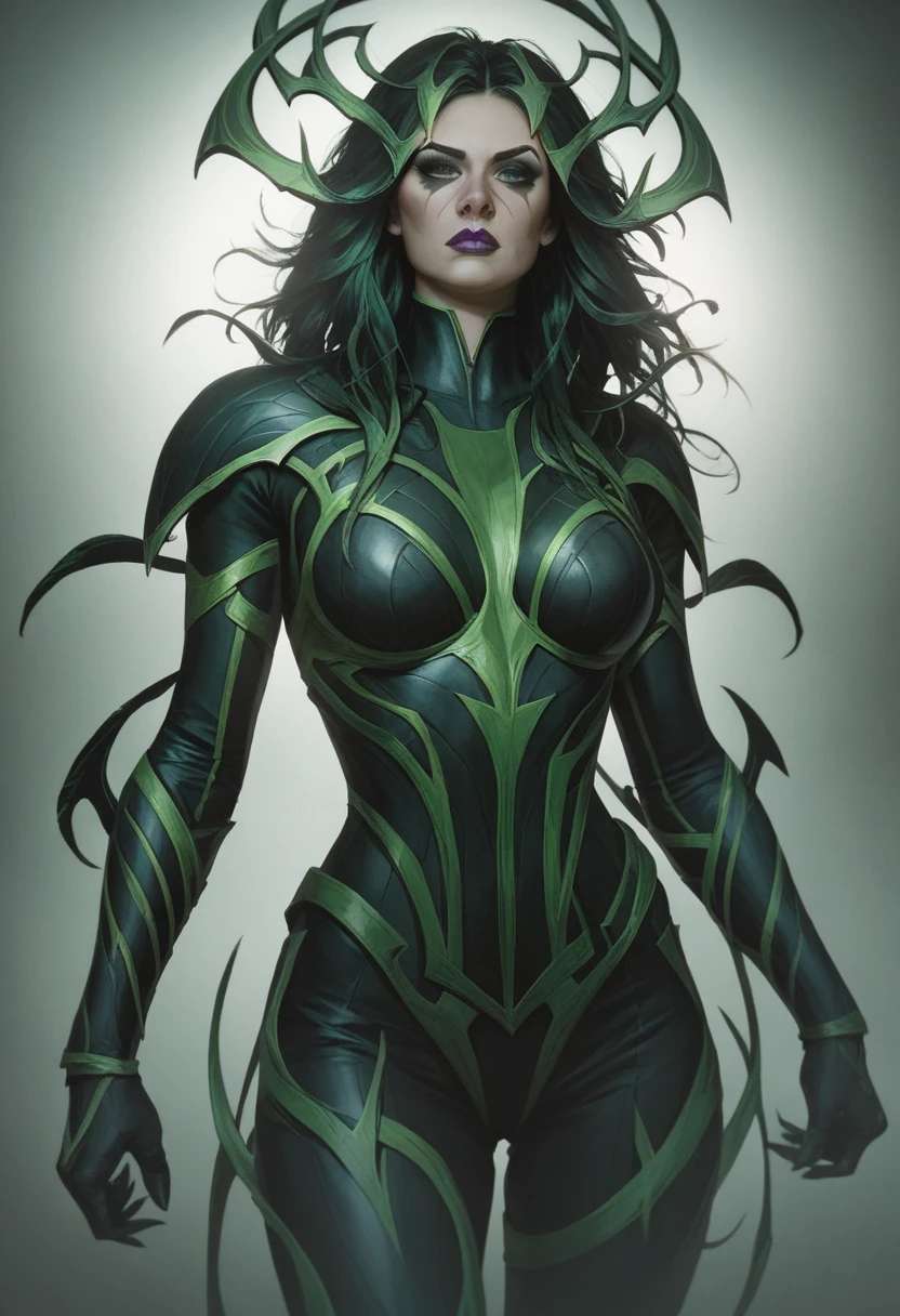 score_9_up, score_8_up, score_7_up, 1girl, solo, mature female, Hela, (((dark black long hair))), green eyes, pink lips, parted lips, fit slim body, perfect medium erected breast, (((black tight suit with green stripes, black cape, cameltoe))), (((mountains))), looking at the viewer, perfect model body, cheekbones, evil smile, seductive pose