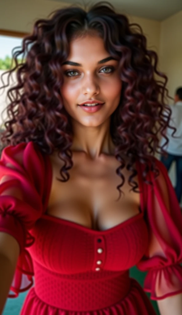 bloom, Lens Reflection, (8K, born, Professional, Highest quality, masterpiece: 1.2), (Realistic, photoRealistic: 1.37), Super detailed, (Wide-angle 25mm portrait), (Most detailed skin: 1.2), Highly detailed face, Cinema Lighting, One girl, Black curly hair, (the wind is strong), Standing on the couch, Dark Light, Looking into the camera, Large Breasts, black and red blouse