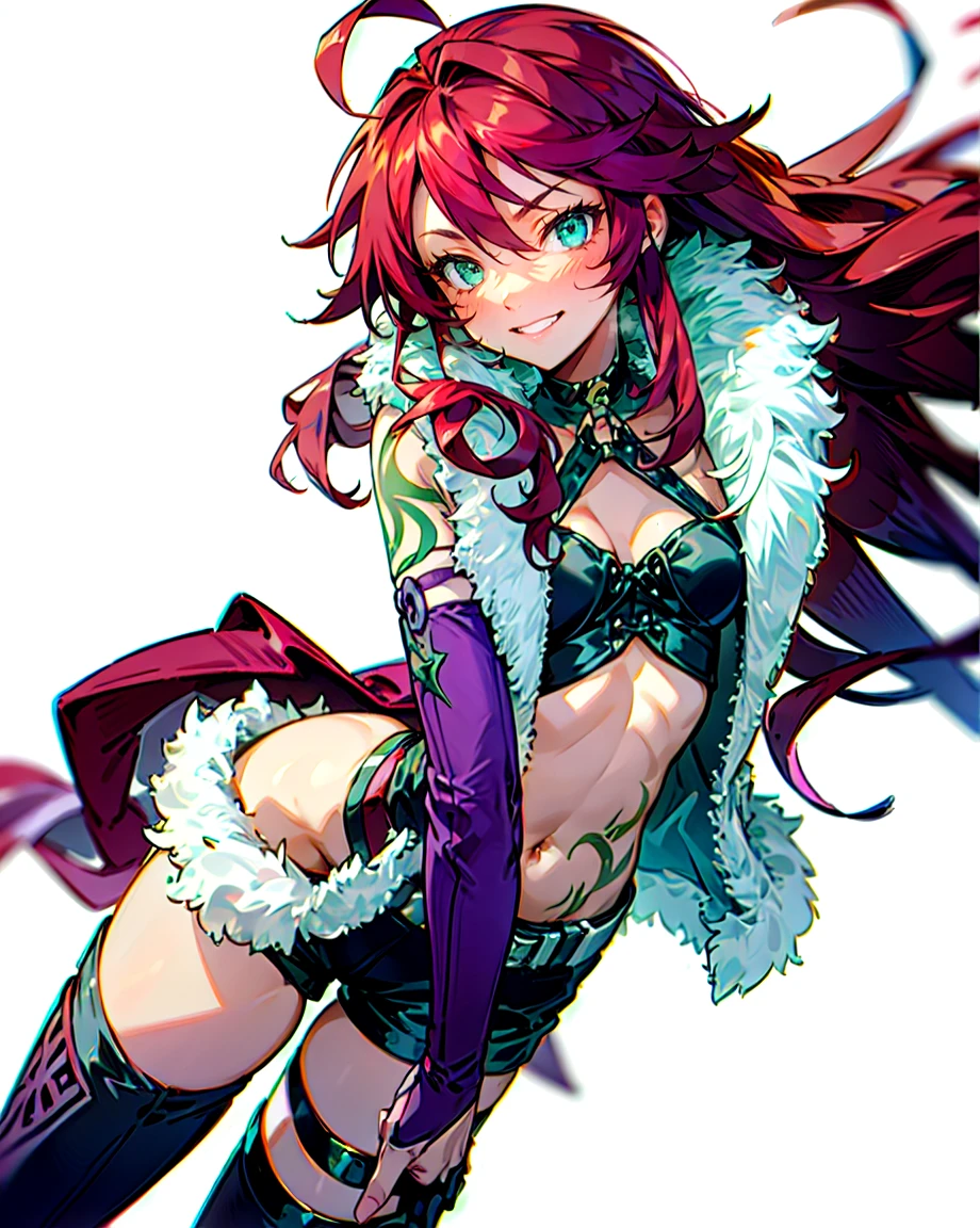 masterpiece, Highest quality, alone, One person,Fine hand, Detailed lighting, High resolution, mature female, adult woman, adult face, fearless face, tall, Grin, Aqua Eye, Shirley Orlando, Redhead, Ahoge, Long Hair, Medium chest, Green tattoo, choker, Fur coat, Fur trim, O-ring, Leather tops, purple elbow gloves, Cleavage, Stomach, belly button, gloves, Black shorts, belt, Thigh-high boots, messy hair,