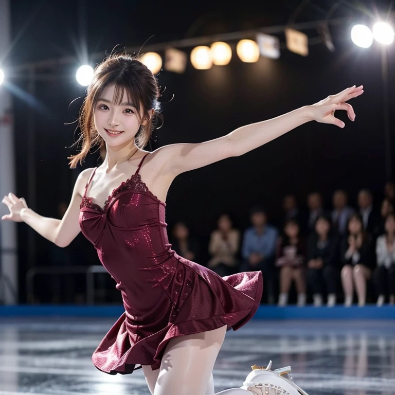 A Japanese model woman in a dark red purple short dress is showing off figure skating、I'm wearing white skates、 Beautiful and Elegant 、 skating rink、Figure skating performance、  cute smile inside the Kyoden、  a soft and gentle expression 