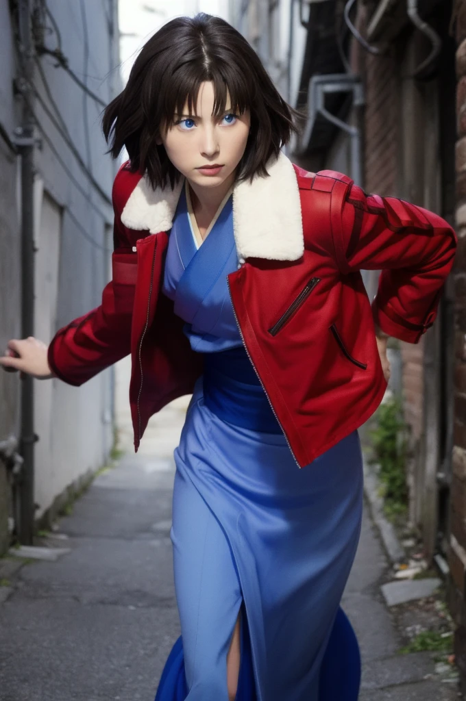 best quality, masterpiece,  highres icon, Alone, (dynamic angle), (cool), (hmshiki), Ryougi Shiki, (short hair, ahoge, red jacket, blue eyes, blue kimono, open clothes, fur trim), wield a knife at viewer, red moon,  Midnight Back Alley, portrait, perfect anatomy, perfect proportion, movie lightning, full body shot, photorealistic