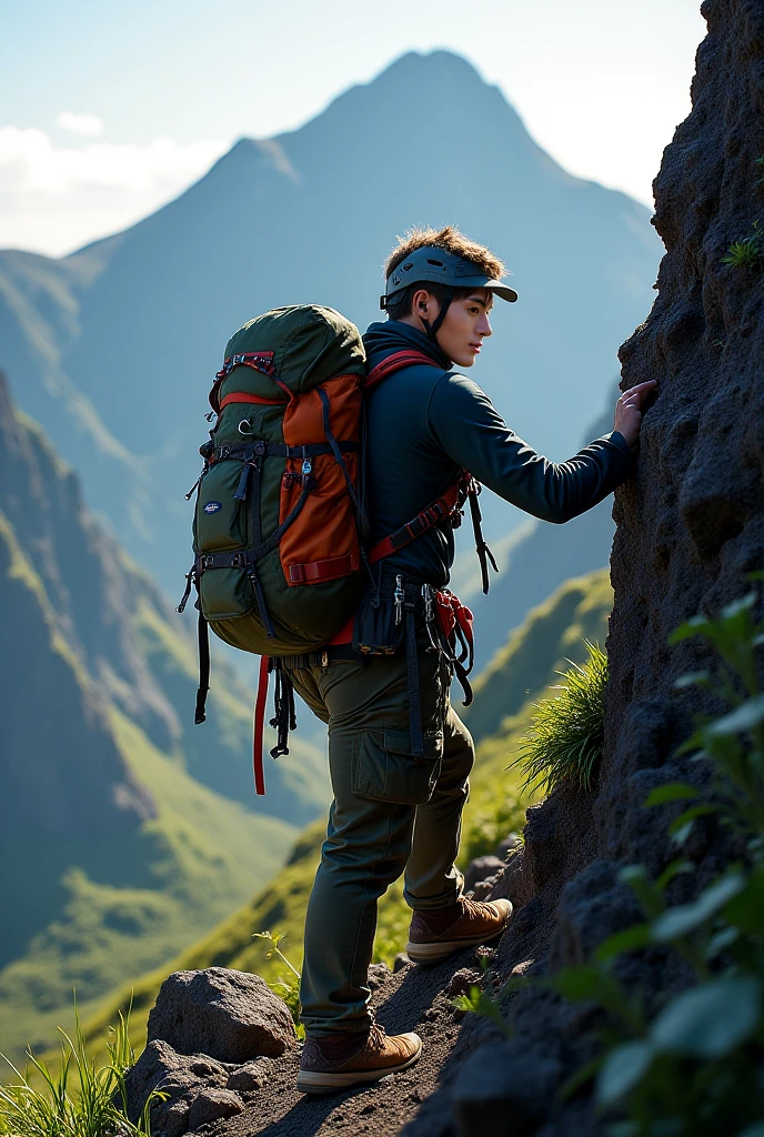a man hiking mountain, full gear,tools,Backpack,tant (8k, 4k, best quality, highres, ultra high res:1.1), (masterpiece, realistic, photo-realistic:1.1), 1man,  face, close-up, twintails, short hair, black eyes,  (looking a great)
bare shoulders,
high contrast,