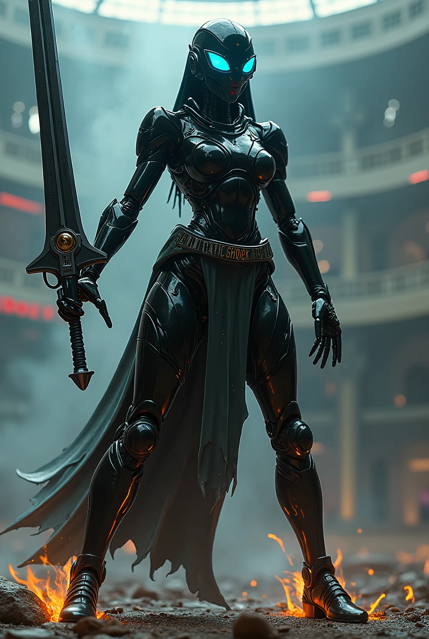 detailed android female, static shock sword rise up, black head, black body, in colosseum at future, cyberpunk style, burning foot, Gus mask mixed headgear, high tech face gaggle, glowing terror eye light, mechanical sagging bold belts, robot abs, tube, line code, spread arms, 1 knee up, other 1 knee on ground, horror movie lighting,