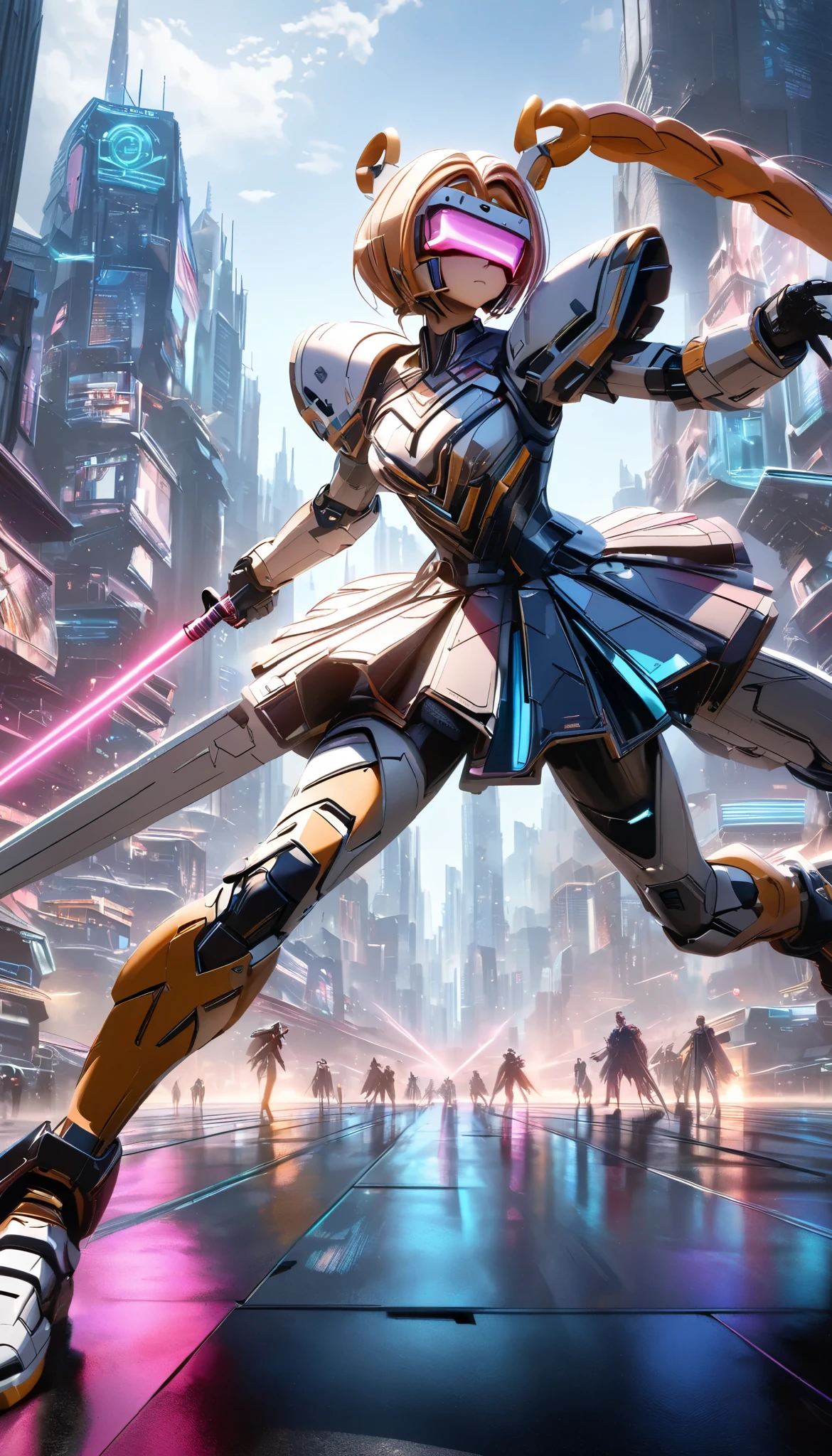 A highly detailed, futuristic robot swordsman, Hold the beam saber, ultra-realistic 8k, masterpiece, cinematic lighting, photorealistic, intricate mechanical details, gleaming chrome armor, glowing visor, dynamic sword fighting pose, urban sci-fi cityscape background, rich color palette, dramatic shadows and highlights