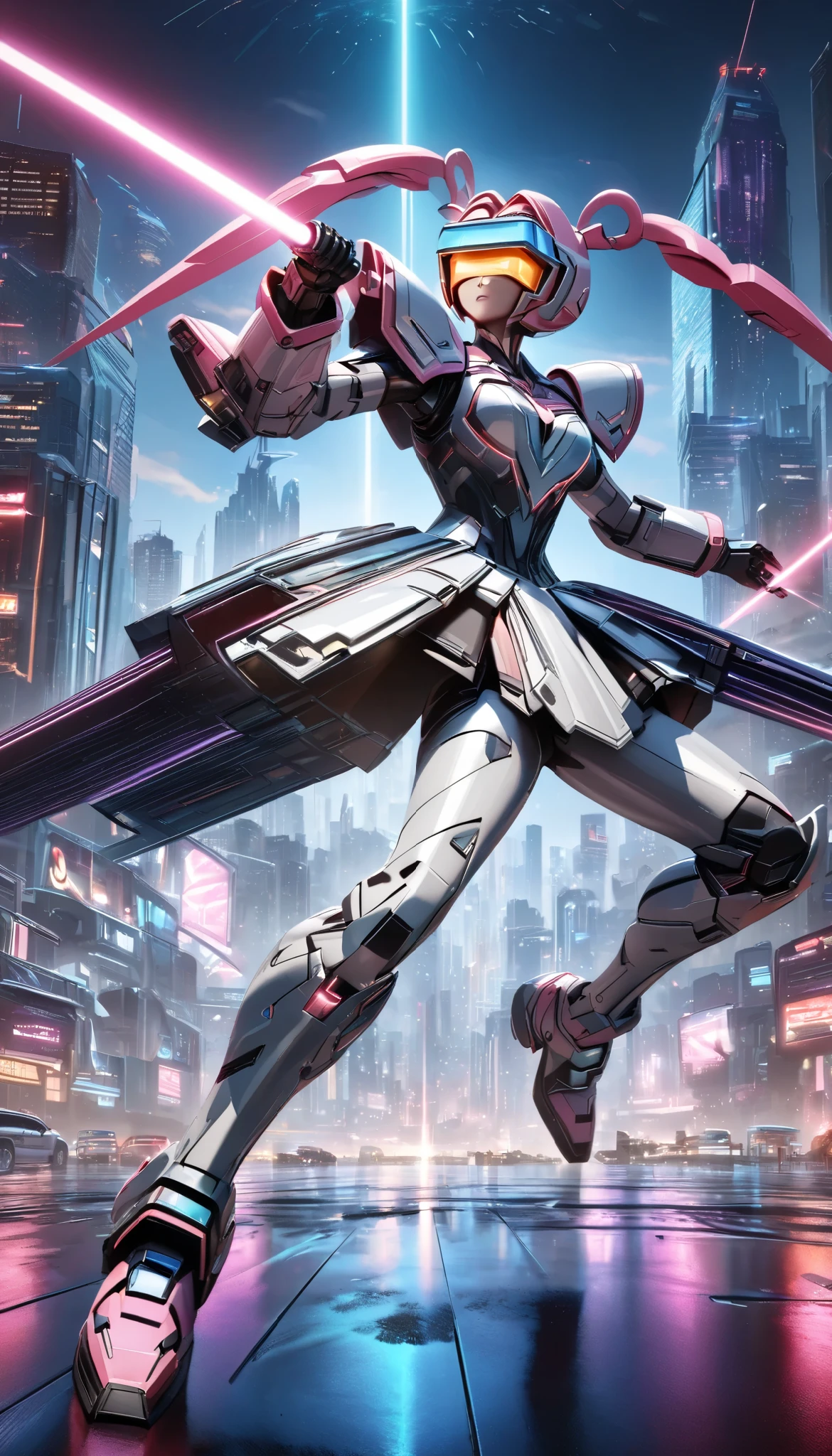 A highly detailed, futuristic robot swordsman, Hold the beam saber, ultra-realistic 8k, masterpiece, cinematic lighting, photorealistic, intricate mechanical details, gleaming chrome armor, glowing visor, dynamic sword fighting pose, urban sci-fi cityscape background, rich color palette, dramatic shadows and highlights