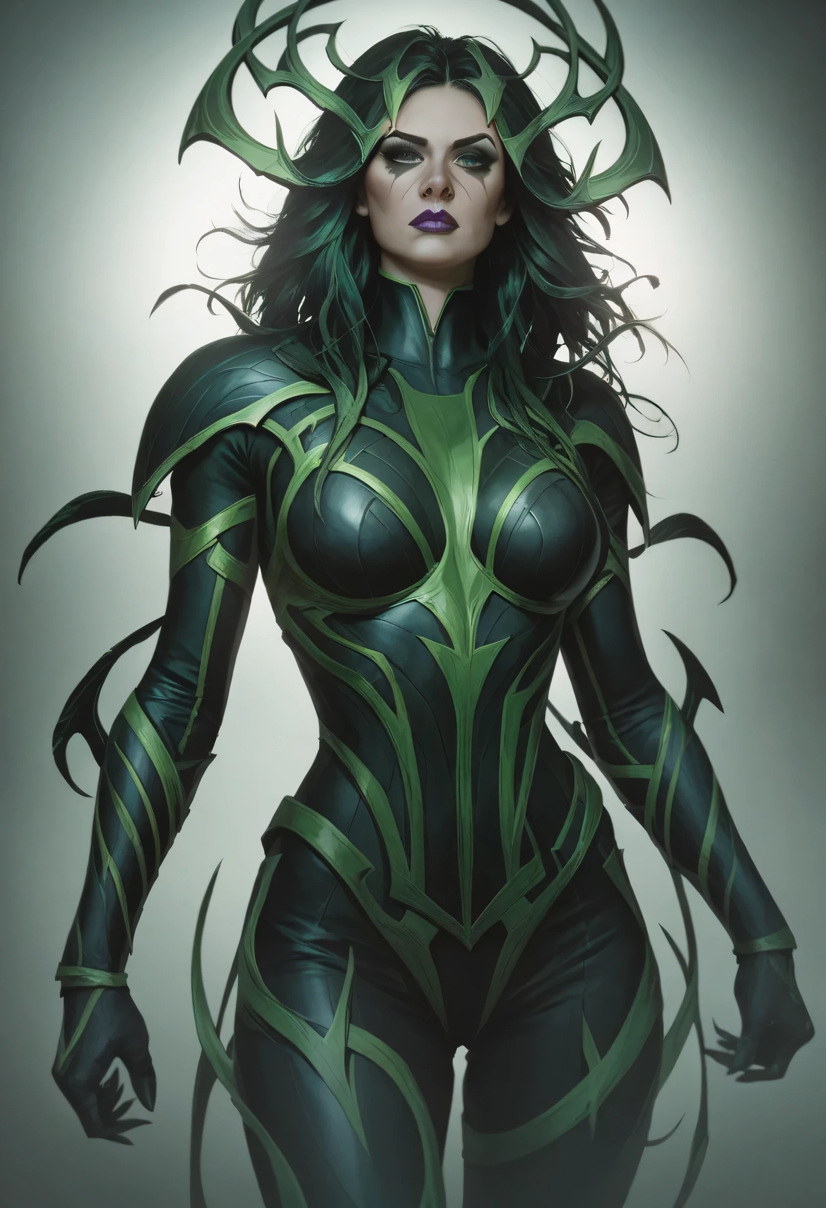 A female warrior, Hela from Marvel Rivals, Hela's armor from Marvel Rivals, detailed facial features, intricate armor texture, dramatic lighting, cinematic composition, muted color palette, moody atmosphere, fantasy art