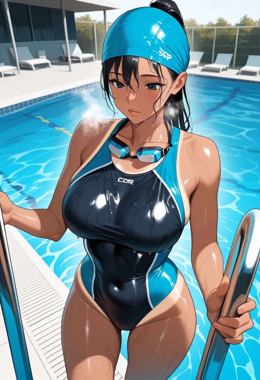 1girl, general, solo, standing, long hair, ponytail, black hair, black eyes, competition swimsuit, covered navel, lips, large breasts, athletic, (tan:1.2), wet, wet swimsuit, wet hair, breath, steaming body, gleaming skin, holding swim cap, swim goggles, goggles around neck, outdoors, pool, poolside, pool ladder, masterpiece, best quality, amazing quality, very aesthetic, absurdres, newest