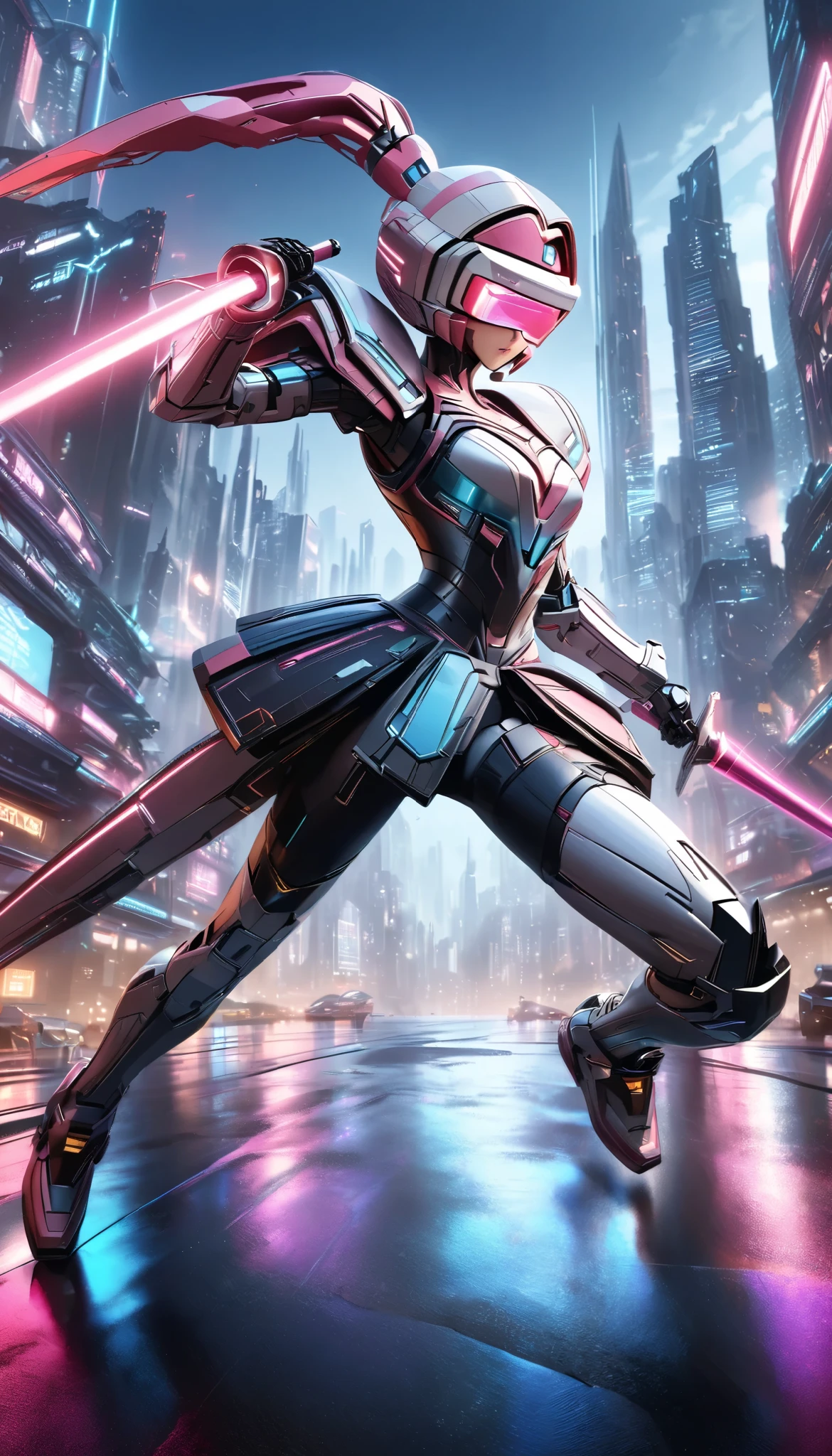 A highly detailed, futuristic robot swordsman, Hold the beam saber, ultra-realistic 8k, masterpiece, cinematic lighting, photorealistic, intricate mechanical details, gleaming chrome armor, glowing visor, dynamic sword fighting pose, urban sci-fi cityscape background, rich color palette, dramatic shadows and highlights