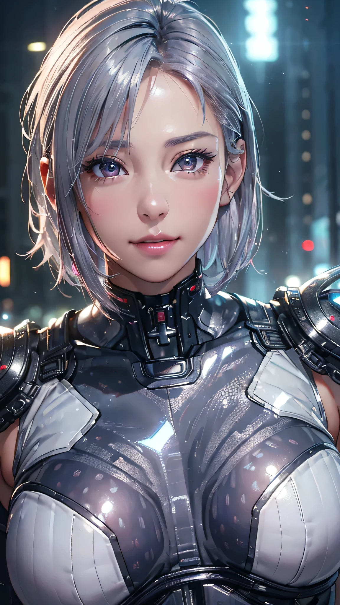 (8k, photorealistic, RAW photos , top quality: 1.4), ( 1 girl), super beautiful, ( realistic face), ( boyish , silver-colored berry shorthair), Beautiful Cyberpunk Suit , gaze that tempts viewers, beautiful expression , Beautiful breasts, (realistic skin), beautiful smile, (soldier), attractive, super high res, super real , high definition , pampered