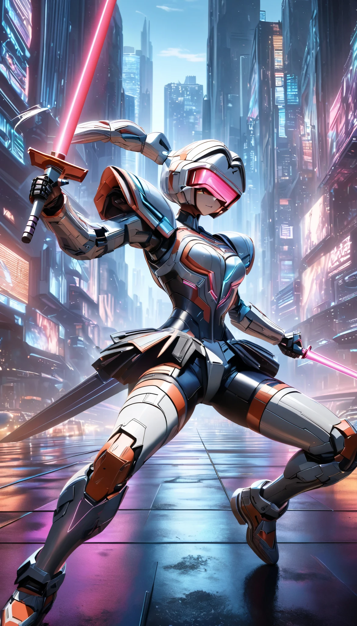 A highly detailed, futuristic robot swordsman, Hold the beam saber, ultra-realistic 8k, masterpiece, cinematic lighting, photorealistic, intricate mechanical details, gleaming chrome armor, glowing visor, dynamic sword fighting pose, urban sci-fi cityscape background, rich color palette, dramatic shadows and highlights