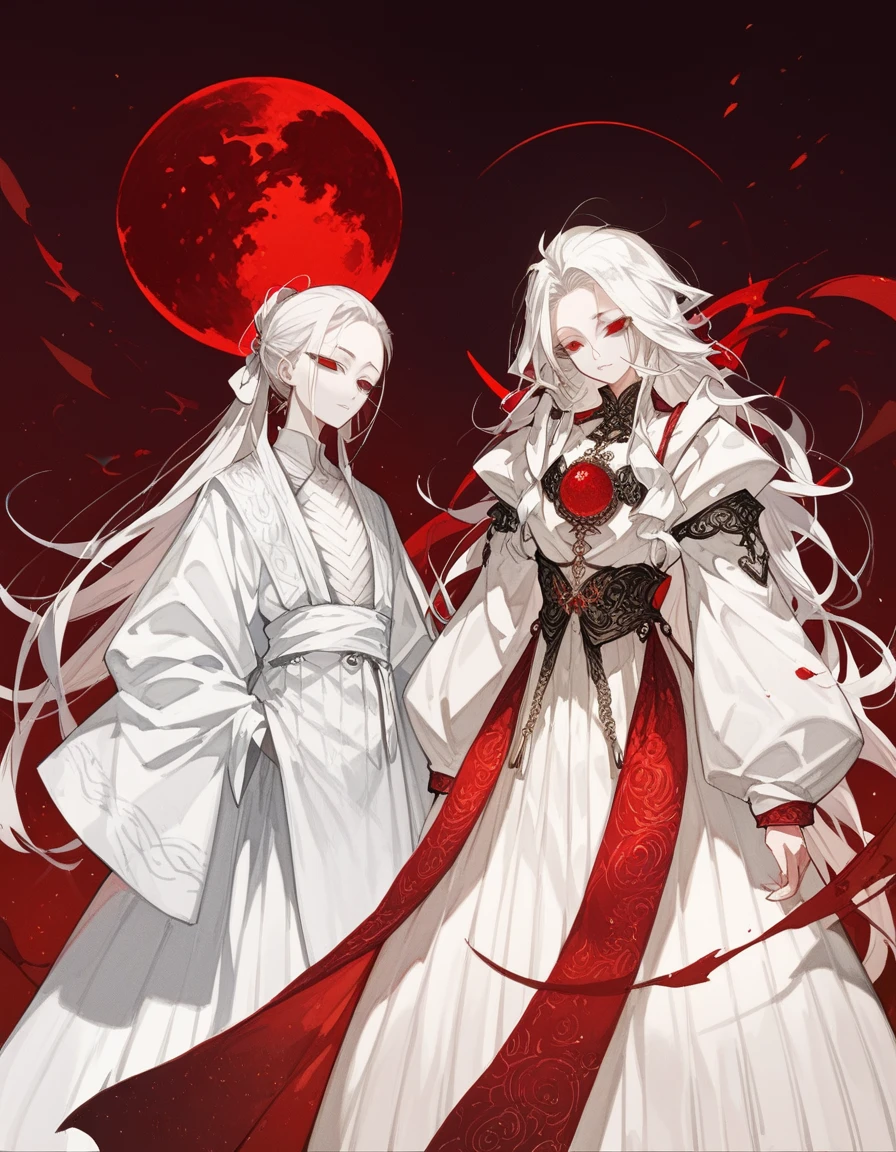 ,White hair, Straight length , [[Hair Gathered ]], forehead,, a white silk robe with a symbol , dark red eyes, Slanted eyes , ( Curved body ), The background is a red moon 