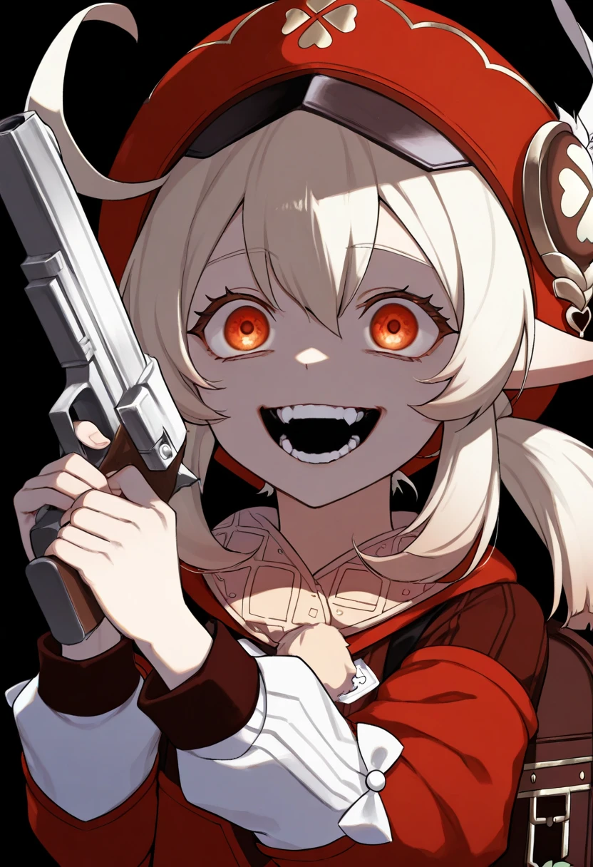 klee \(genshin impact\),
1girl,holding,crazy smile,solo,gun,weapon,holding weapon,holding gun,upper body,handgun,teeth,simple background,dark,, masterpiece,best quality,masterpiece