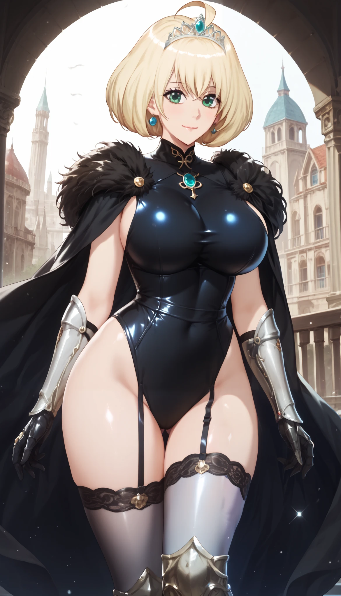 score_9,score_8_up,score_7_up,score_6_up,score_5_up,alienquestellen,short hair,blonde hair,curvy,huge breasts,bubble butt,ass visible through thighs , city , smile closed mouth ring earring locking at viewer large breasts huge breasts , green eyes , ellen alien quest eve  ,,,,, (slim thighs:1.2),(perfect body),(detailed skin,detailed eyes:1), High resolution illustrations, unrivaled masterpiece, ultra-realistic 8k CG, perfect artwork, ,,,,,,,,  capelet, black dress, ahoge, armored boots, black gauntlets, armor, tiara, fur trim, cape, thighhighs