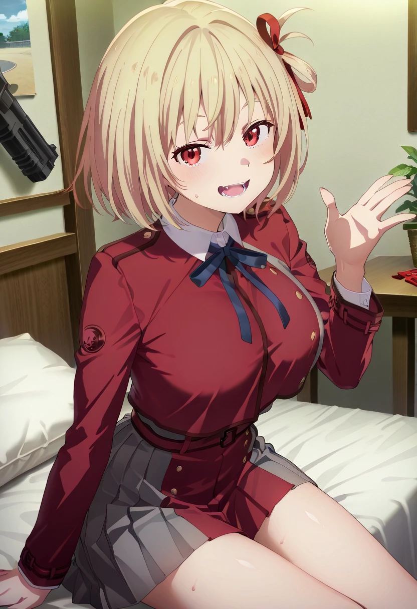 , chisatonishikigi, nishikigi chisato, short hair, bangs, blonde hair, (red eyes:1.5), hair ribbon, one side up, bob cut, BREAK shirt, long sleeves, dress, ribbon, white shirt, collared shirt, belt, neck ribbon, red dress, blue ribbon, pleated dress, grey dress, two-tone dress, red belt, lycoris uniform, Nsfw,(((1girl,1boy,fellatio))),kneeling,Looking at viewers , delightful ,grinning,masterpiece ,8k unity wallpaper,anime key visual,highest quality, High resolution, unity 8k wallpaper, (shape:0.8), highly detailed face,highly detailed eye,glowing eyes , shiny skin,fine skin,white skin,dense skin,detailed hair,highly detailed legs,perfect lighting, Detailed CG, (perfect hands, perfect anatomy),High resolution,anime key visual,Kyoto Animation,(Detailed wear ),slender limbs, delicate curves, dainty hands, tiny feet,figure:0.8, , (((,realistic white lace panties ))),