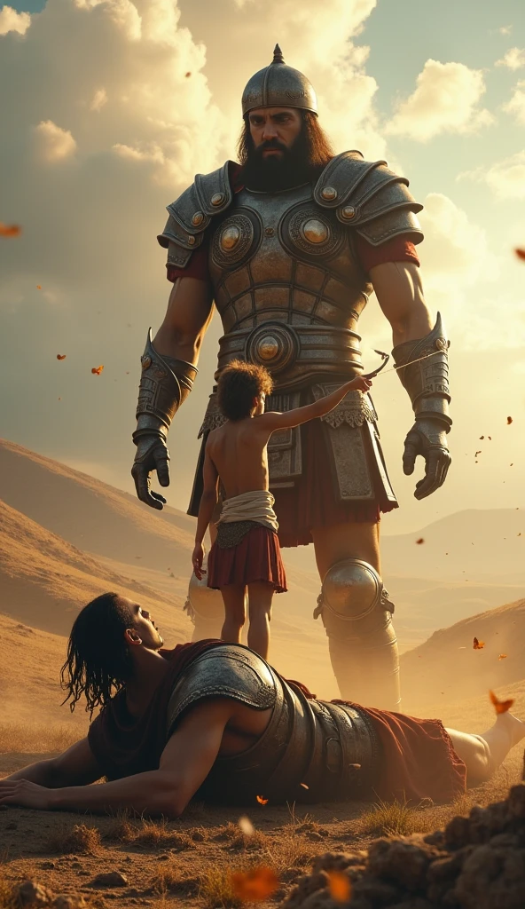 ((best quality)), ((masterpiece)), (detailed), perfect face
"Davi, a young boy with a determined look, stands ready with a sling in his hand. In the background, the massive figure of Golias, a giant warrior, looms with a menacing expression. The battlefield is tense, with dark clouds gathering, highlighting the epic nature of the confrontation."
