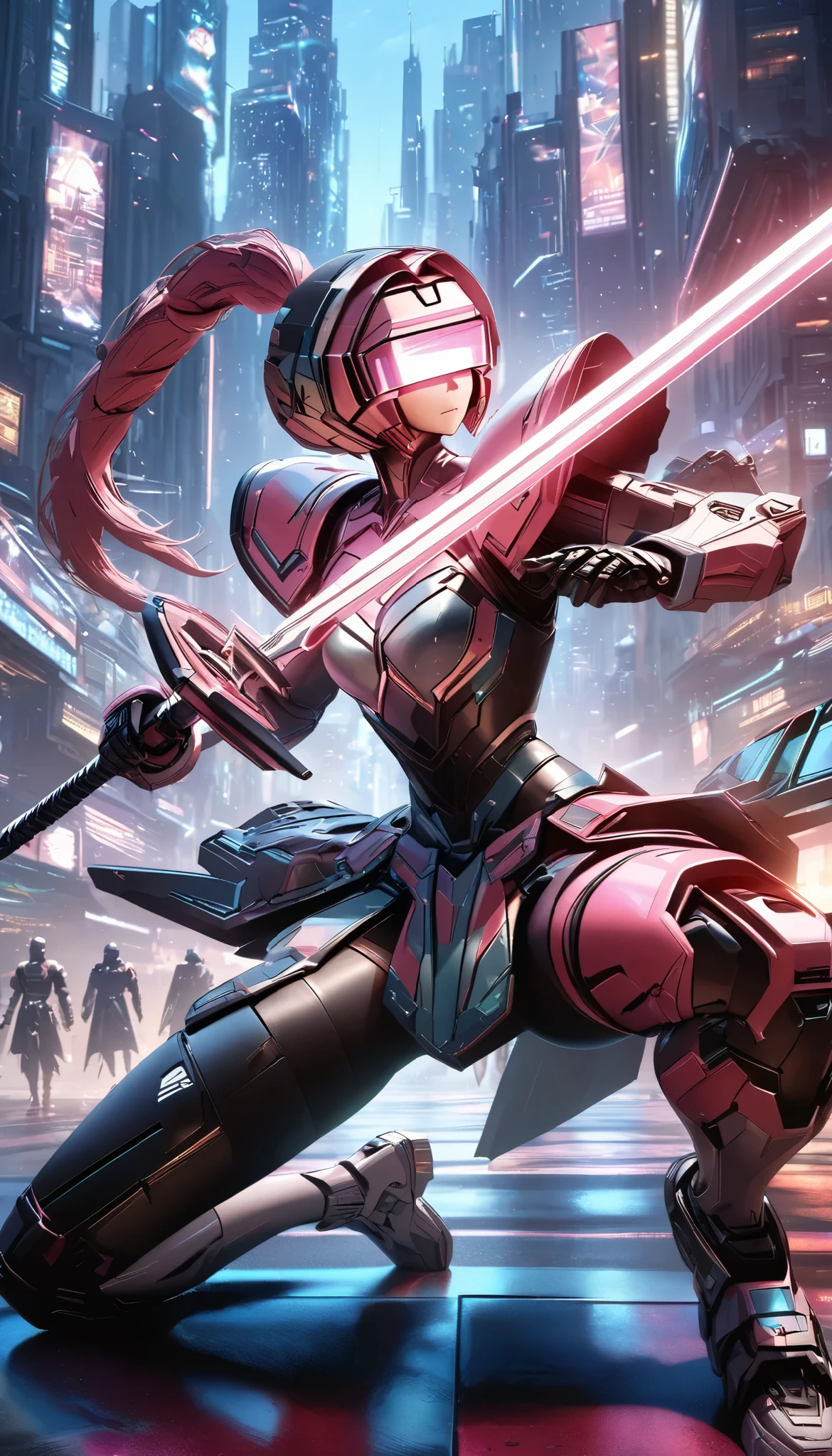 A highly detailed, futuristic robot swordsman, Hold the beam saber, ultra-realistic 8k, masterpiece, cinematic lighting, photorealistic, intricate mechanical details, gleaming chrome armor, glowing visor, dynamic sword fighting pose, urban sci-fi cityscape background, rich color palette, dramatic shadows and highlights