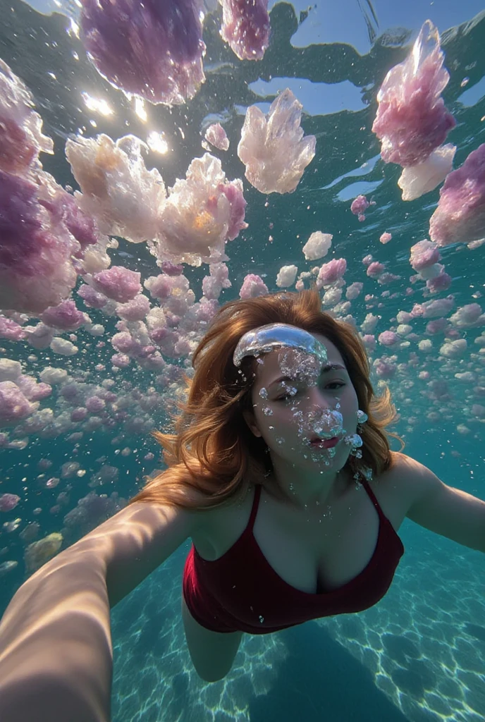 A beautiful young woman in a quartz crystal garden. Hundreds of translucent colorful quartz crystals and a young woman amongst them. She hangs out in the ocean in the shallows where the sunlight penetrates the water and illuminates the woman and the crystals glow. The woman blows ait bubbles yo the surface. photorealistic, cinematic photography, cinematic lighting, cinematic portrait, portrait photography, realistic, realism, ultra detailed, UHDR, full focus, highest quality, hyperrealistic,3D Rendering, 8K Octane, Cinematic, Cinematography, Digital Art, Photorealistic, Pixel Art, Pixel Assets, Depth Of Field, Best Quality, Award Winning, Masterpiece