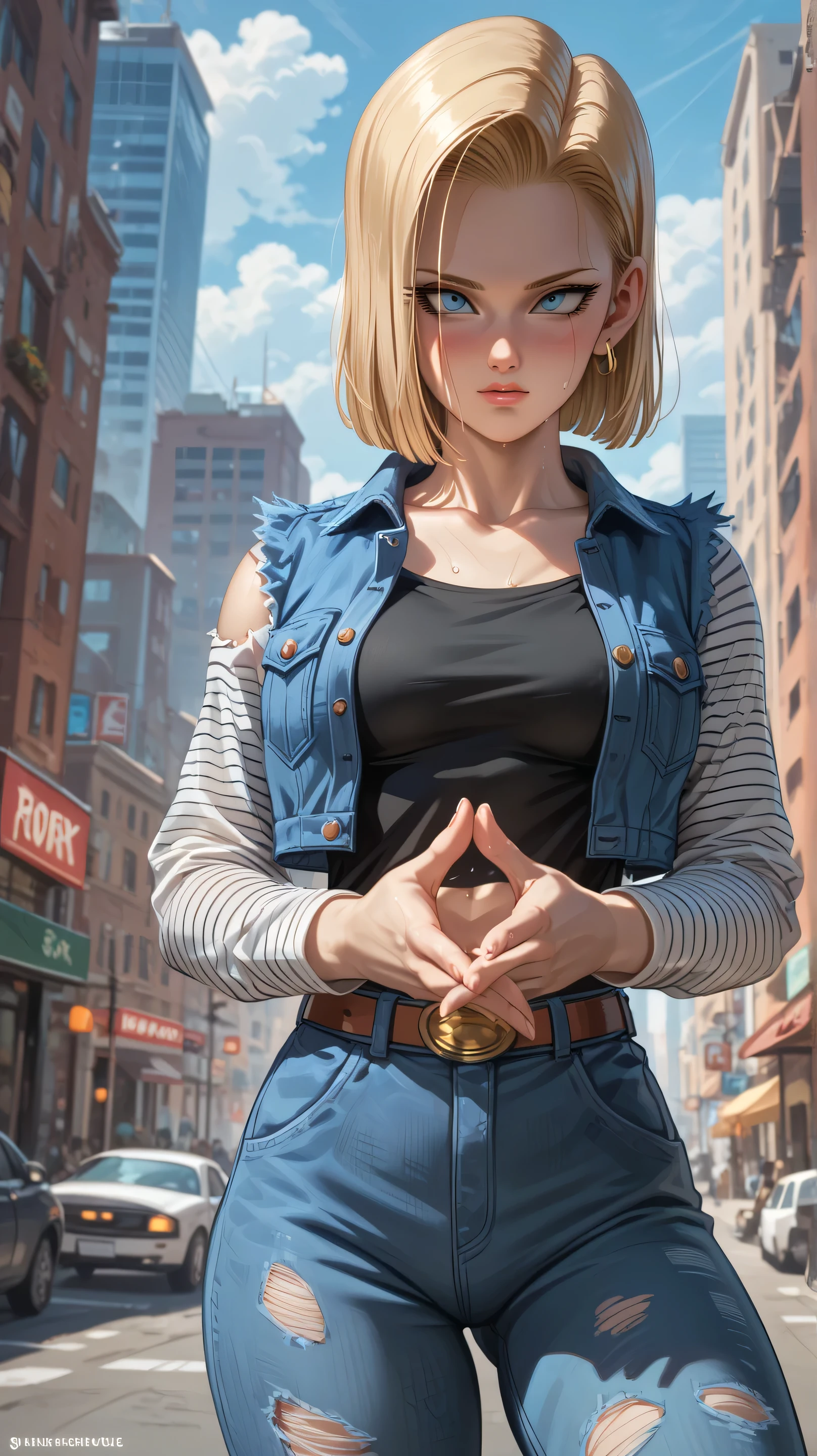 Android 18 from the anime Dragon Ball, shy, blushing, sweaty, tired, dusty body, excited, in a post apocalyptic city, with all her clothes torn from fighting, medium breasts, beautiful hands with her 5 fingers, high resolution, high details, full body, Alone, High resolution, Best quality, High details, Accurate, Masterpiece,