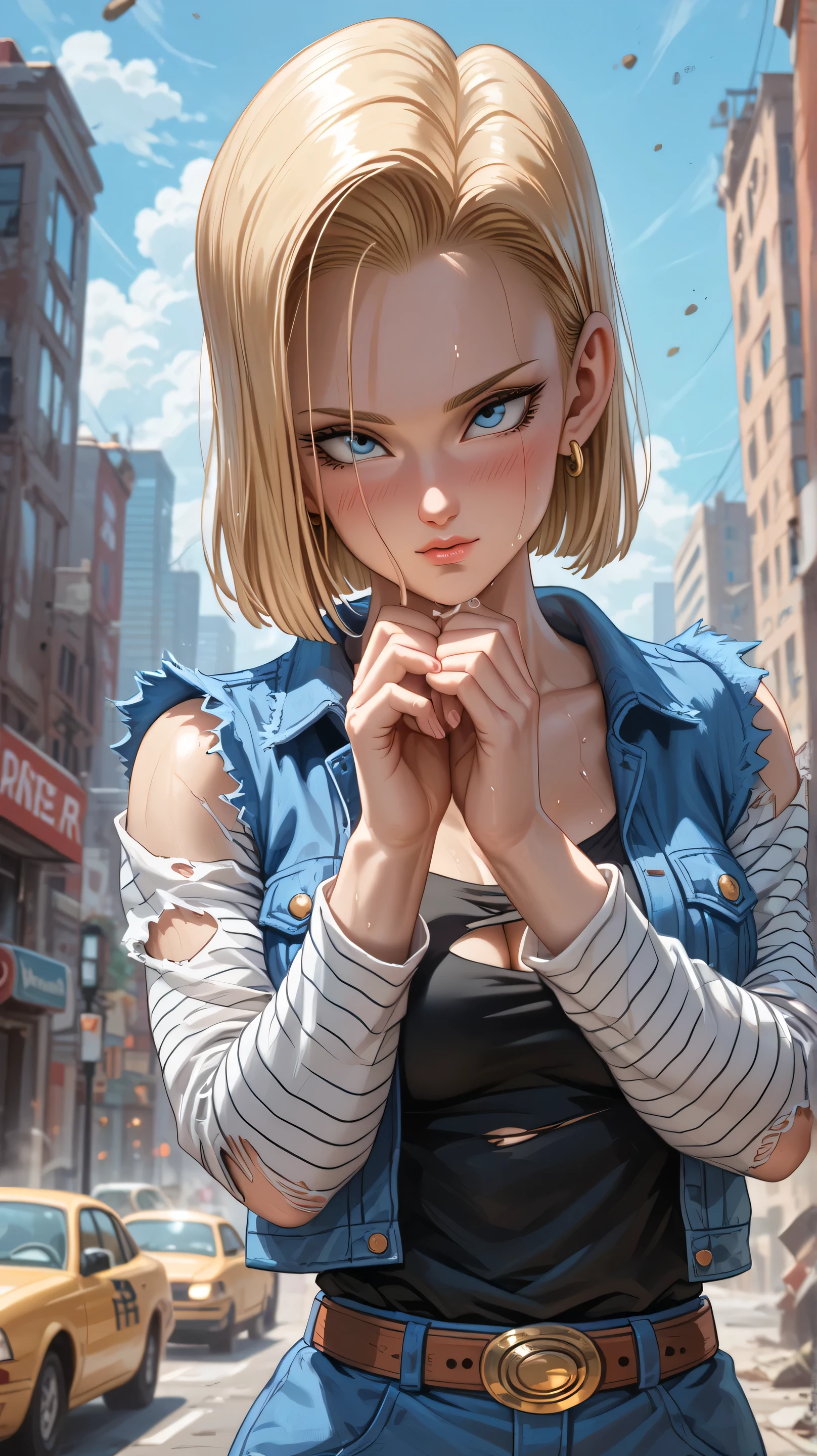 Android 18 from the anime Dragon Ball, shy, blushing, sweaty, tired, dusty body, excited, in a post apocalyptic city, with all her clothes torn from fighting, medium breasts, beautiful hands with her 5 fingers, high resolution, high details, full body, Alone, High resolution, Best quality, High details, Accurate, Masterpiece,