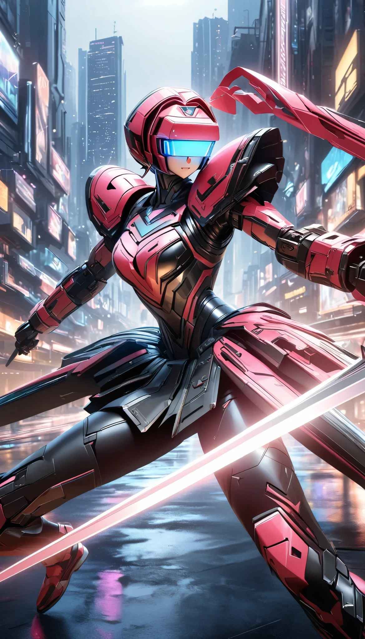 A highly detailed, futuristic robot swordsman, Hold the beam saber, ultra-realistic 8k, masterpiece, cinematic lighting, photorealistic, intricate mechanical details, gleaming chrome armor, glowing visor, dynamic sword fighting pose, urban sci-fi cityscape background, rich color palette, dramatic shadows and highlights