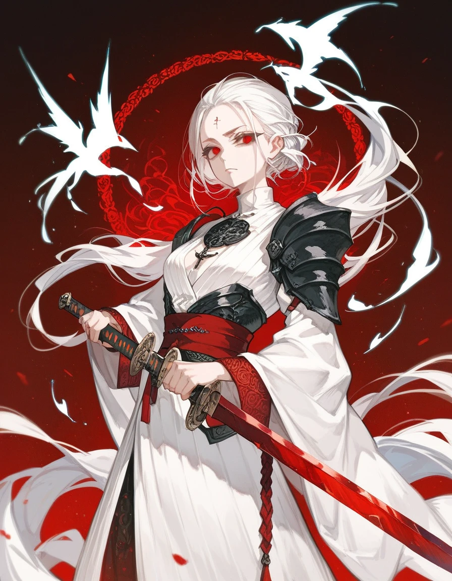  White hair, Straight length , Hair Gathered , forehead,, a white silk robe with a symbol , dark red eyes, Slanted eyes ,  Curved body , holding a sword,  in battle 