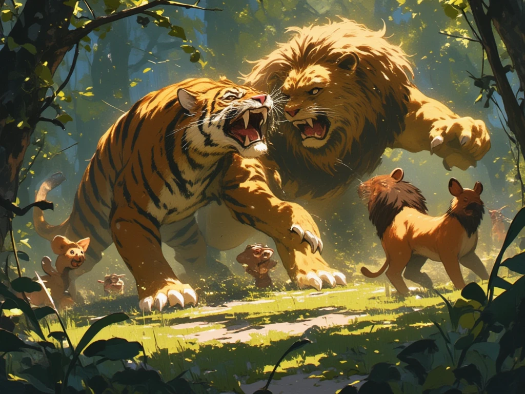  A ferocious tiger with shimmering skin and sharp claws in a dense forest . A lion with a golden mane bravely knocks him down ,  while forest animals watch from a distance with expressions of amazement.