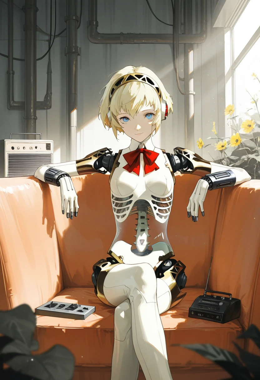 masterpiece, newest,
healthyman, dino \(dinoartforame\),
1girl, see-through body, skeleton, flowers,
android, light smile, looking at viewer, persona, aegis \(persona\), mechanical arms, red bowtie,
indoors, sofa, sitting, industrial pipe, radio, crossed legs, sunlight, light particles, blue eyes
