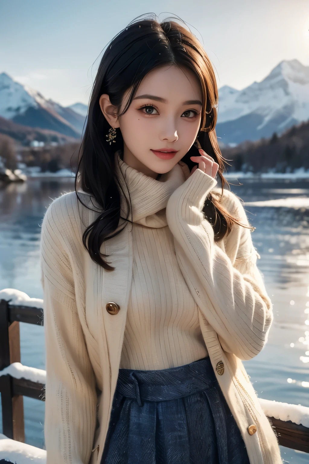 A close up of a woman in a sweater and skirt near a lake - SeaArt AI