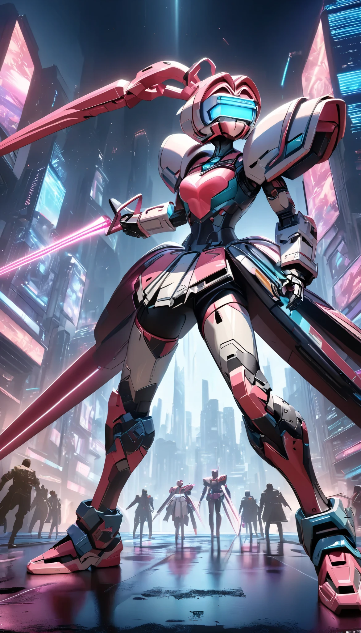 A highly detailed, futuristic robot swordsman, Hold the beam saber, ultra-realistic 8k, masterpiece, cinematic lighting, photorealistic, intricate mechanical details, gleaming chrome armor, glowing visor, dynamic sword fighting pose, urban sci-fi cityscape background, rich color palette, dramatic shadows and highlights