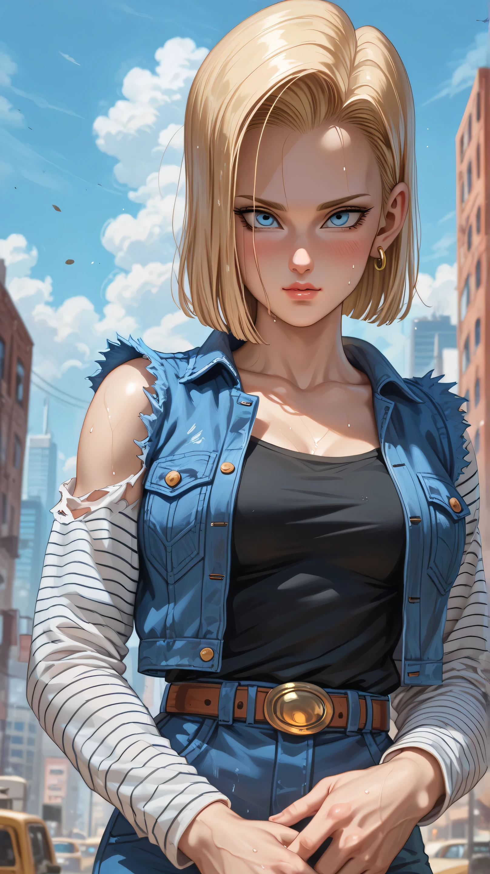 Android 18 from the anime Dragon Ball, shy, blushing, sweaty, tired, dusty body, excited, in a post apocalyptic city, with all her clothes torn from fighting, medium breasts, beautiful hands with her 5 fingers, high resolution, high details, full body, Alone, High resolution, Best quality, High details, Accurate, Masterpiece,