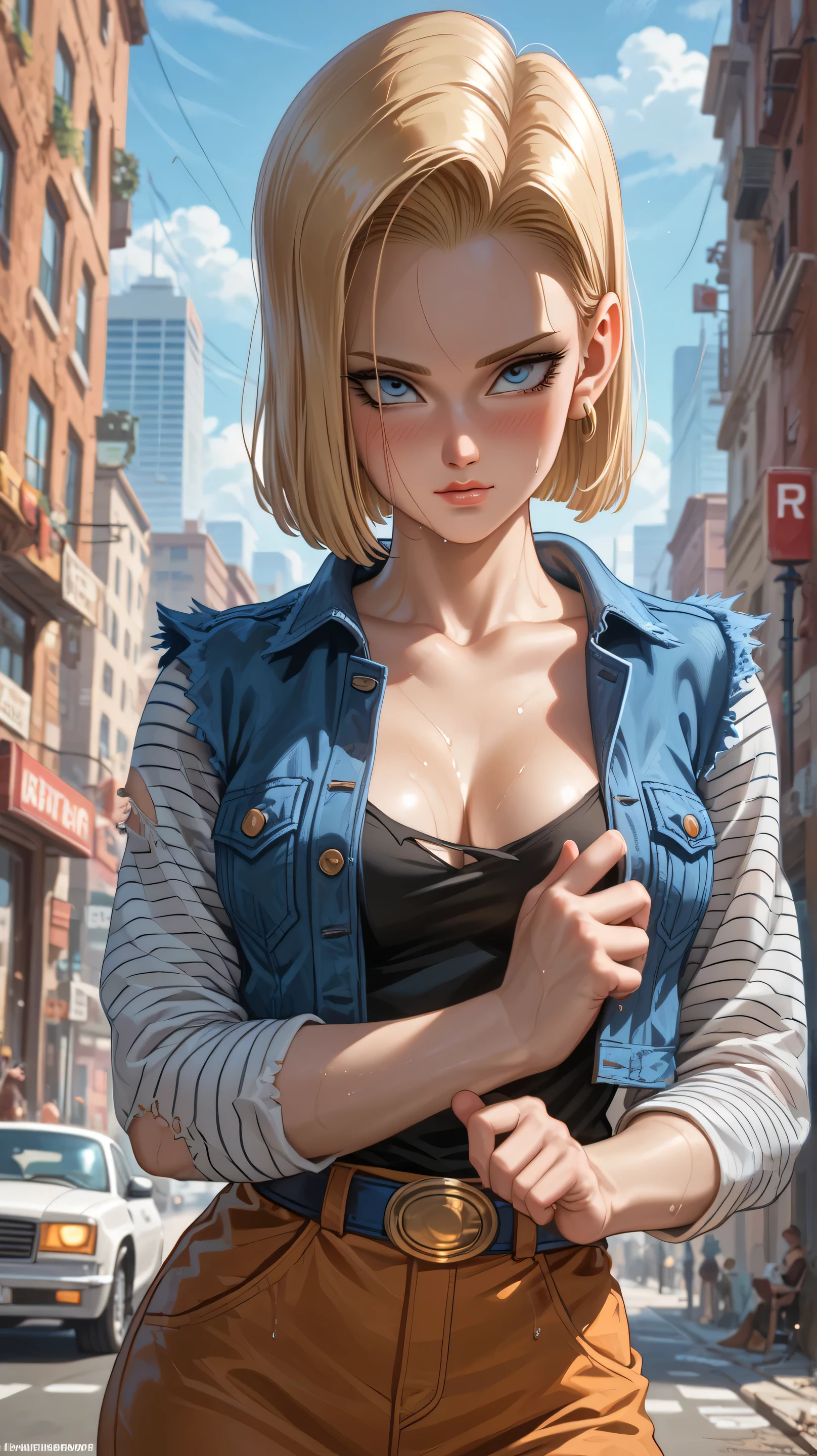 Android 18 from the anime Dragon Ball, shy, blushing, sweaty, tired, dusty body, excited, in a post apocalyptic city, with all her clothes torn from fighting, medium breasts, beautiful hands with her 5 fingers, high resolution, high details, full body, Alone, High resolution, Best quality, High details, Accurate, Masterpiece,