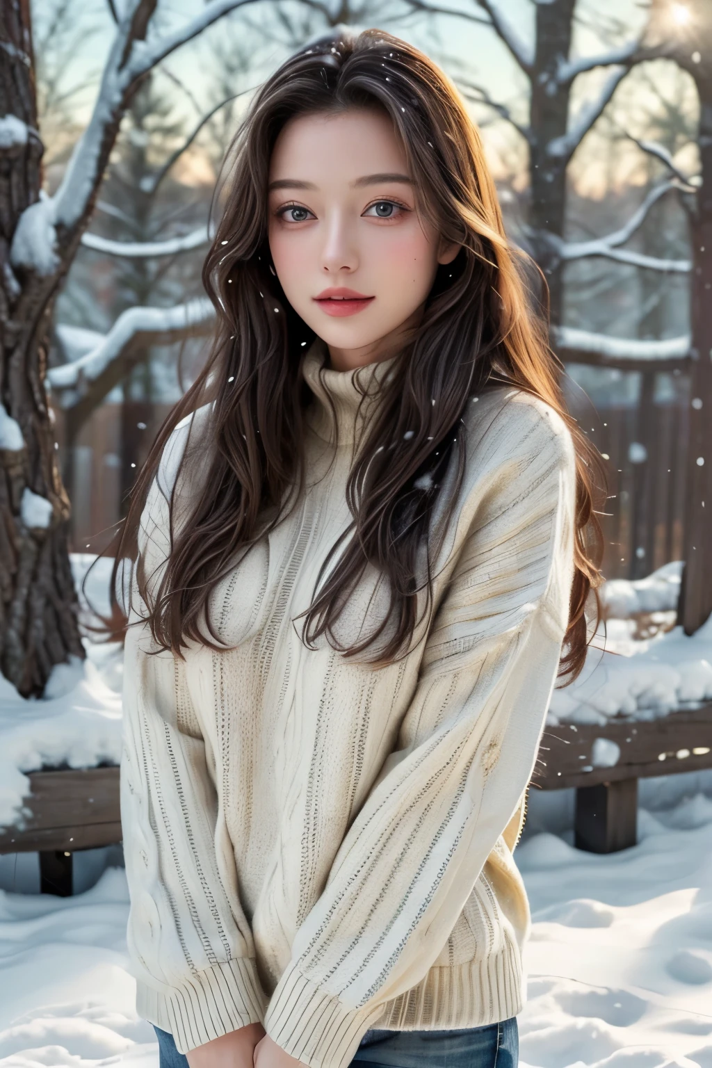 (masterpiece:1.35),(highest quality:1.4),8 thousand,very detailed,photography,(surreal:1.4), Adult Girls, long hair, sweater, snow falling background,