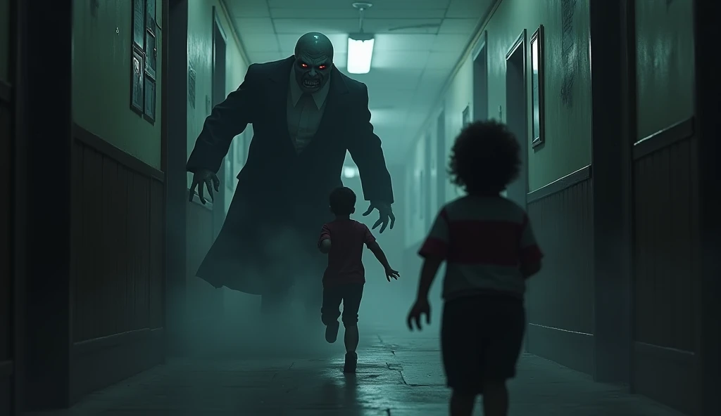 a nun with a demon face running after a boy in blue clothes and the boy&#39;s BLACK mother running away from the nun a black man in a white suit white hat with a red BROADCAST standing in front of the scary nun an abandoned house in the background with weeds 
