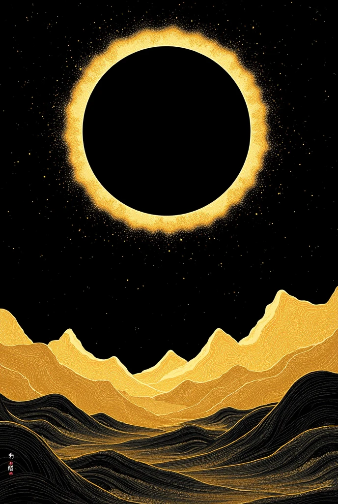 solar eclipse, black sun, golden sun ring, black sky, golden mountains in the background, ukiyo-e, japanese print style, ukiyo-e style, japanese paintings, black and gold painting