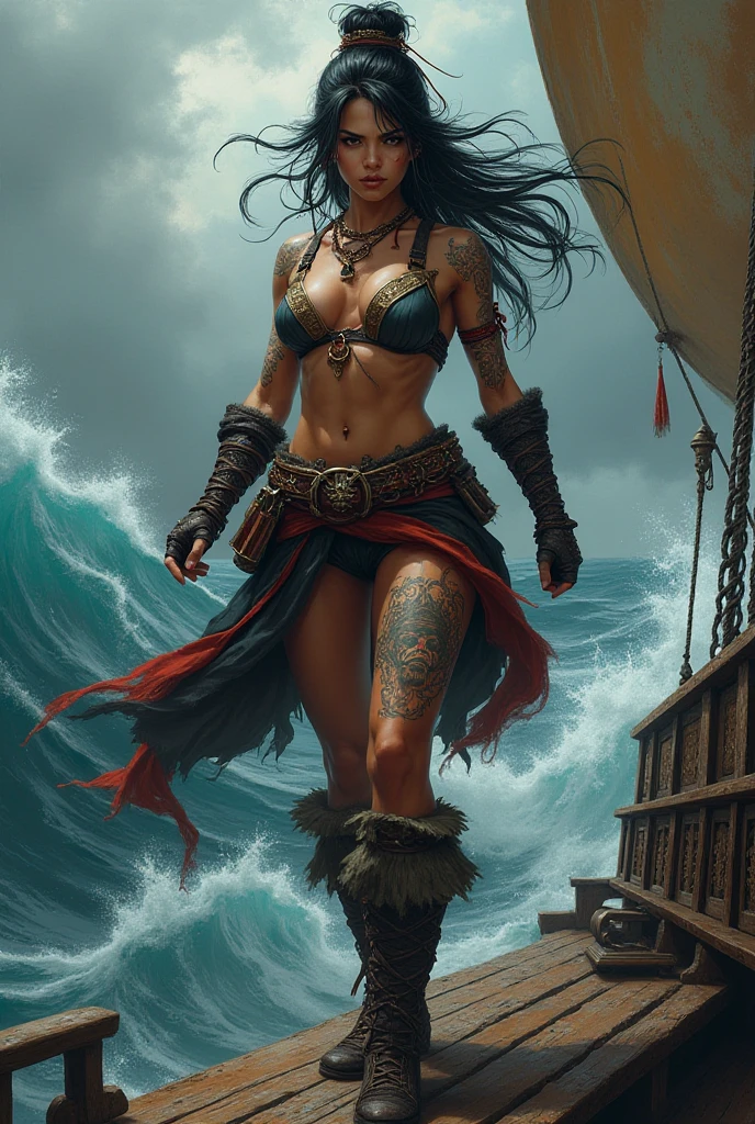 bronze skin Hawaiian, view of turbulent swells of a violent ocean storm, inside a glass bottle on the beach ม dramatic thunderous sky at dusk at center a closeup of large tall pirate ship with sails, breaking light