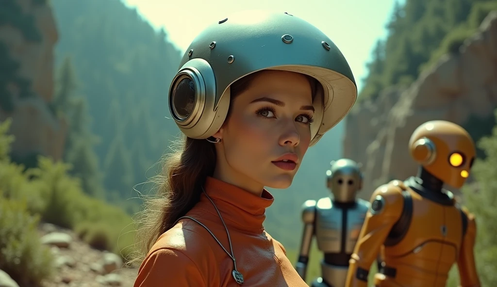 a beautiful girl (aubrey plaza) in a 60s sci-fi styled spacesuit, sexy silver space swimsuit, bubble helmet, fancy electronic tools, being guarded by her brown bear cyborg companion in a bubble helmet, on an alien world, 8k, extremely detailed, photorealistic, cinematic lighting, vibrant colors, concept art style