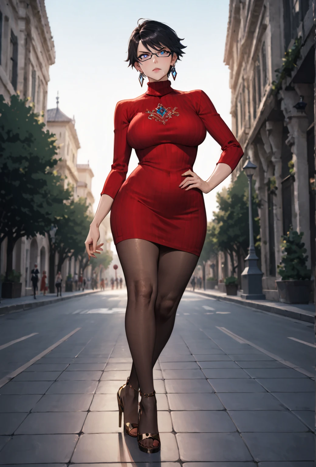 Mature woman, 1girl, solo, short black pixie hair cut, short pixie haircut black hair, blue eyes, black eyeliner, red plump lips, palid skin tone, very large sagging breasts, long legs, wearing earrings, wearing glasses, wearing skin-tight turtleneck ribbed red dress with long sleeves, wearing red ribbed short dress, wearing body tight turtleneck red dress, wearing black silky pantyhose, wearing high heeled golden sandals, the woman is standing on the sidewalk with her left hand resting on her hips and her right hand waving at the viewer, staring down at viewer, looking down at viewer with a condescending facial expression, facial expression of disgust, low angle point of view, volumetric shading, dynamic lighting, well drawn hands, well drawn face, masterpiece, detailed skin texture, detailed hair, full body on frame, low angle perspective, simple city background with people walking, blurry background, sexy skinny body, Bayonetta, cereza.