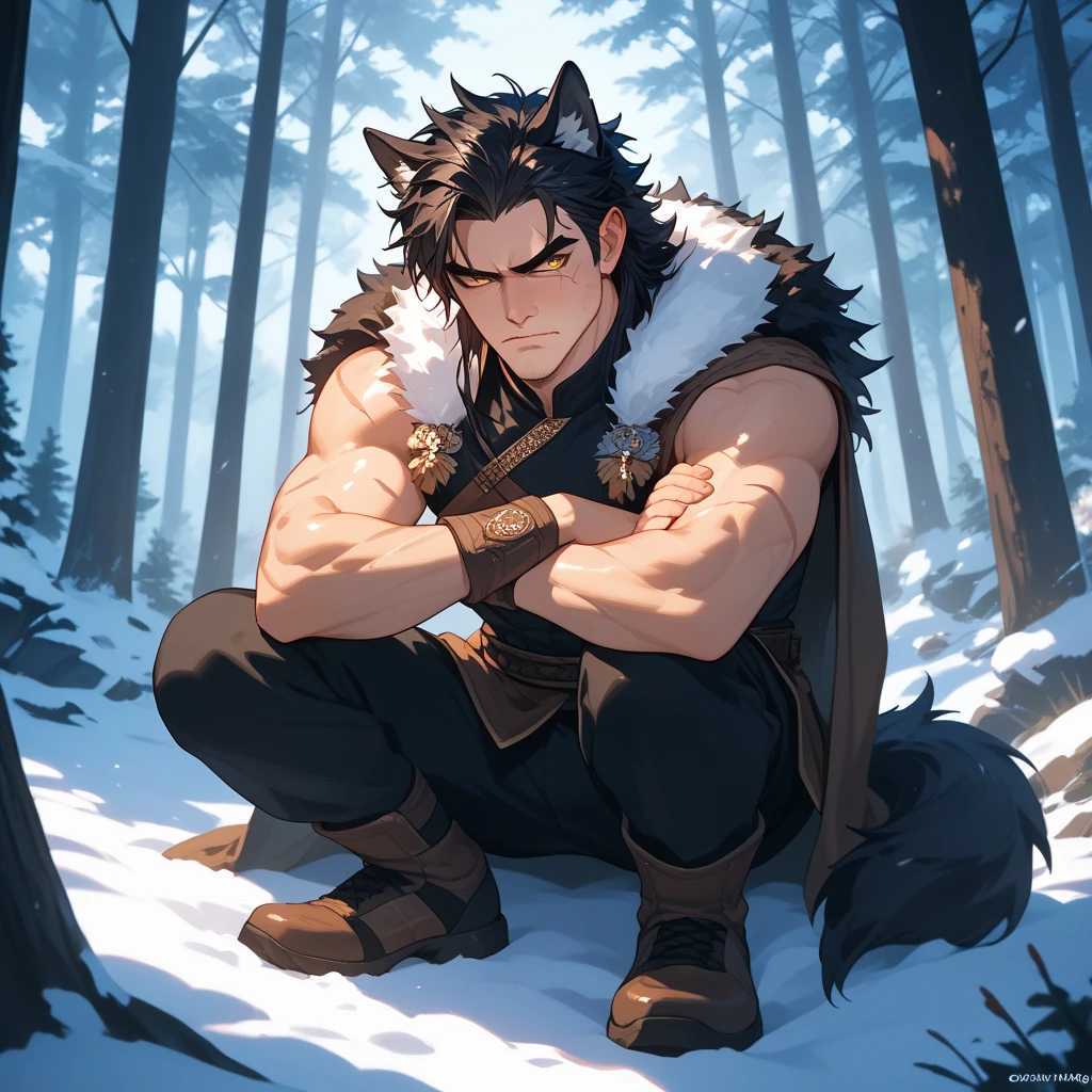 1man, wolf ears and tail, wearing fur clothes. Long Black hair, hair past shoulders, scars on cheek and body, Golden eyes. (35 years old), Stubble on chin, strong jaw,  Stoic, stern, neutral expression, Snowy forest background, Full body view, frowning, crossed arms. 
