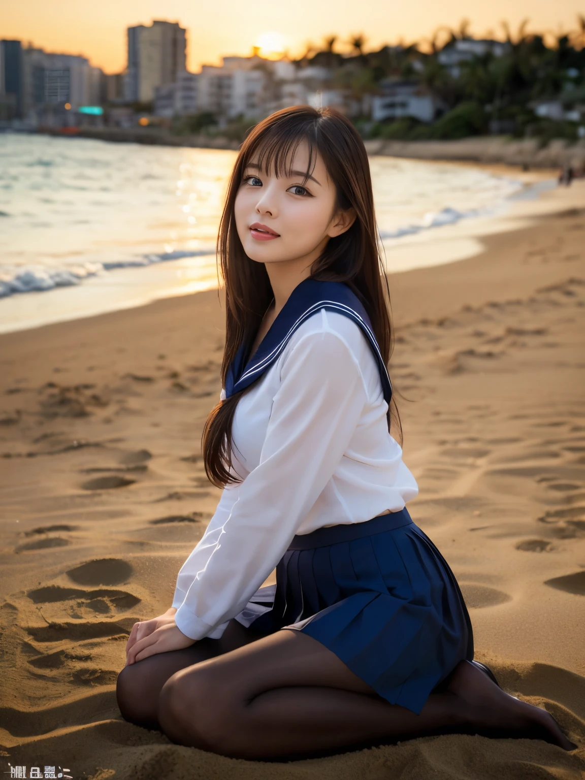 Arafed asian woman sitting on the beach in a sailor's outfit - SeaArt AI